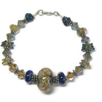 Handmade Blue Lampwork Art Glass Bead Bracelet 8 Inches