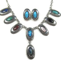 Estate Navajo Multi Stone Necklace and Earrings Native American Jewelry Set
