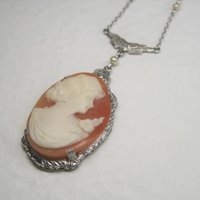 Antique 10K Art Deco Carved Cameo Necklace Choker 13 Inches