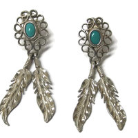 Vintage Southwestern Sterling Turquoise Feather Earrings