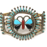Native American Needlepoint Turquoise Inlay Butterfly Cuff Bracelet 6.25 Inches Paul Lucario