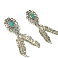 Vintage Southwestern Sterling Turquoise Feather Earrings