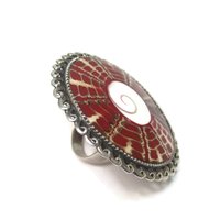 Huge Estate Sterling Red Shell Ring Size 7.5