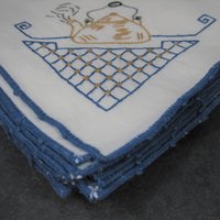 Vintage Hand Embroidered Teapot Napkins Blue White Gold Set of 4