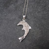 Vintage 10K White Gold Diamond Dolphin Pendant Necklace