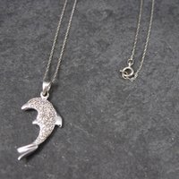 Vintage 10K White Gold Diamond Dolphin Pendant Necklace