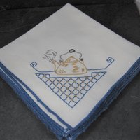 Vintage Hand Embroidered Teapot Napkins Blue White Gold Set of 4