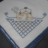 Vintage Hand Embroidered Teapot Napkins Blue White Gold Set of 4