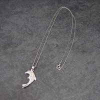 Vintage 10K White Gold Diamond Dolphin Pendant Necklace