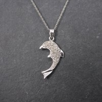 Vintage 10K White Gold Diamond Dolphin Pendant Necklace
