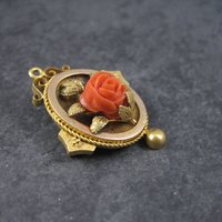 Antique Victorian 14K Coral Rose Brooch Pendant