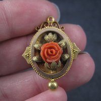 Antique Victorian 14K Coral Rose Brooch Pendant