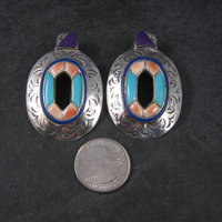 Large Vintage Southwestern Earrings with Turquoise Sugilite and Spiny Oyster Inlay | Bold Sterling Silver Statement Jewelry