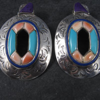 Large Vintage Southwestern Earrings with Turquoise Sugilite and Spiny Oyster Inlay | Bold Sterling Silver Statement Jewelry