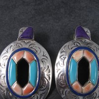 Large Vintage Southwestern Earrings with Turquoise Sugilite and Spiny Oyster Inlay | Bold Sterling Silver Statement Jewelry
