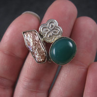 Vintage Green Onyx Baroque Pearl Ring Sterling Size 7