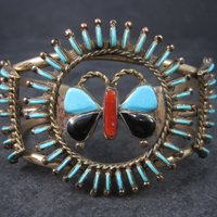 Native American Needlepoint Turquoise Inlay Butterfly Cuff Bracelet 6.25 Inches Paul Lucario