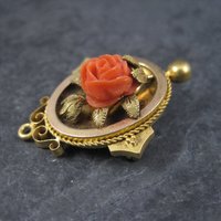 Antique Victorian 14K Coral Rose Brooch Pendant