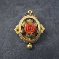 Antique Victorian 14K Coral Rose Brooch Pendant