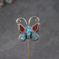 Estate Southwestern Coral Turquoise Butterfly Jewelry Set Cuff Bracelet Stick Pin Watch Band