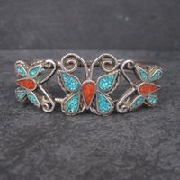 Estate Southwestern Coral Turquoise Butterfly Jewelry Set Cuff Bracelet Stick Pin Watch Band