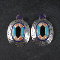 Large Vintage Southwestern Earrings with Turquoise Sugilite and Spiny Oyster Inlay | Bold Sterling Silver Statement Jewelry