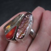 Estate Designer Sterling Biwa Pearl Art Glass Ring Size 7-8