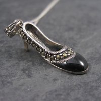 Vintage Sterling Onyx Marcasite High Heel Shoe Pendant Necklace