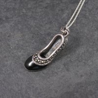 Vintage Sterling Onyx Marcasite High Heel Shoe Pendant Necklace
