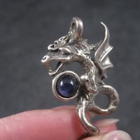 Vintage Sterling Iolite Winged Dragon Pendant