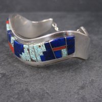Vintage Navajo Lapis Coral Turquoise Inlay Cuff Bracelet 6 Inches Muskett