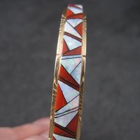 Vintage 14K Coral Opal Inlay Cuff Bracelet 5.75 Inches