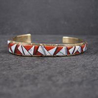 Vintage 14K Coral Opal Inlay Cuff Bracelet 5.75 Inches