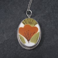 Vintage Sterling 70s Floral Pottery Pendant Necklace