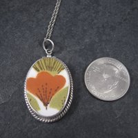 Vintage Sterling 70s Floral Pottery Pendant Necklace