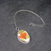 Vintage Sterling 70s Floral Pottery Pendant Necklace