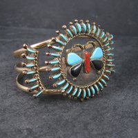 Native American Needlepoint Turquoise Inlay Butterfly Cuff Bracelet 6.25 Inches Paul Lucario