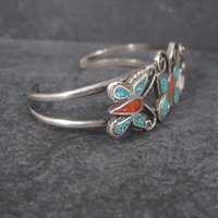 Estate Southwestern Coral Turquoise Butterfly Jewelry Set Cuff Bracelet Stick Pin Watch Band