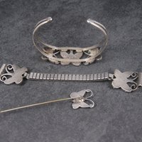 Estate Southwestern Coral Turquoise Butterfly Jewelry Set Cuff Bracelet Stick Pin Watch Band
