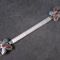 Estate Southwestern Coral Turquoise Butterfly Jewelry Set Cuff Bracelet Stick Pin Watch Band