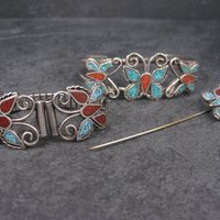 Estate Southwestern Coral Turquoise Butterfly Jewelry Set Cuff Bracelet Stick Pin Watch Band