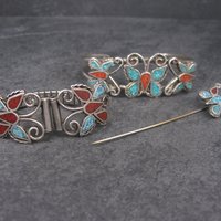Estate Southwestern Coral Turquoise Butterfly Jewelry Set Cuff Bracelet Stick Pin Watch Band