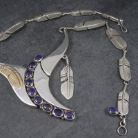 Navajo Sugilite Feather Necklace Wilbert Vandever Sterling Silver and 14K Yellow Gold
