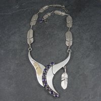 Navajo Sugilite Feather Necklace Wilbert Vandever Sterling Silver and 14K Yellow Gold