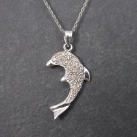 Vintage 10K White Gold Diamond Dolphin Pendant Necklace