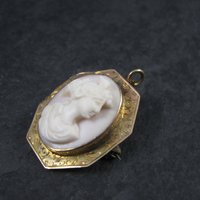 Antique 10K Carved Pink Cameo Brooch Pendant