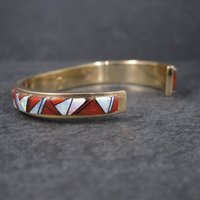Vintage 14K Coral Opal Inlay Cuff Bracelet 5.75 Inches
