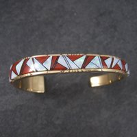 Vintage 14K Coral Opal Inlay Cuff Bracelet 5.75 Inches