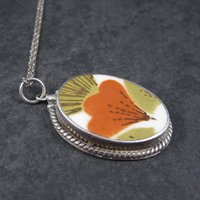 Vintage Sterling 70s Floral Pottery Pendant Necklace