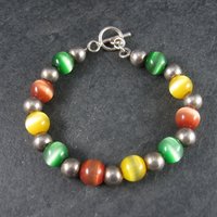 Chunky Vintage Sterling Cats Eye Bead Toggle Bracelet 7.5 Inches